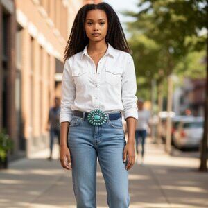 New Womens Skinny Reversible Leather Belt Bohemian Buckle Blue Black Size 36